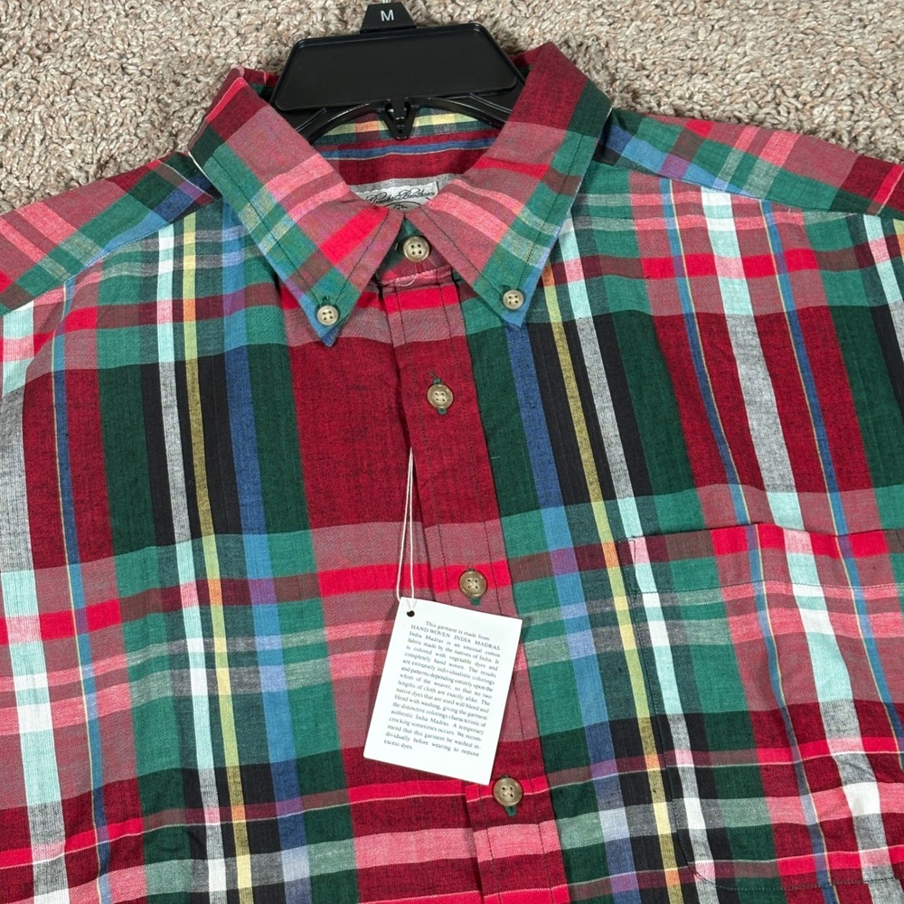 Brooks Brothers Mens L Hand Woven India Madras Plaid Short Sleeve Sport Shirt